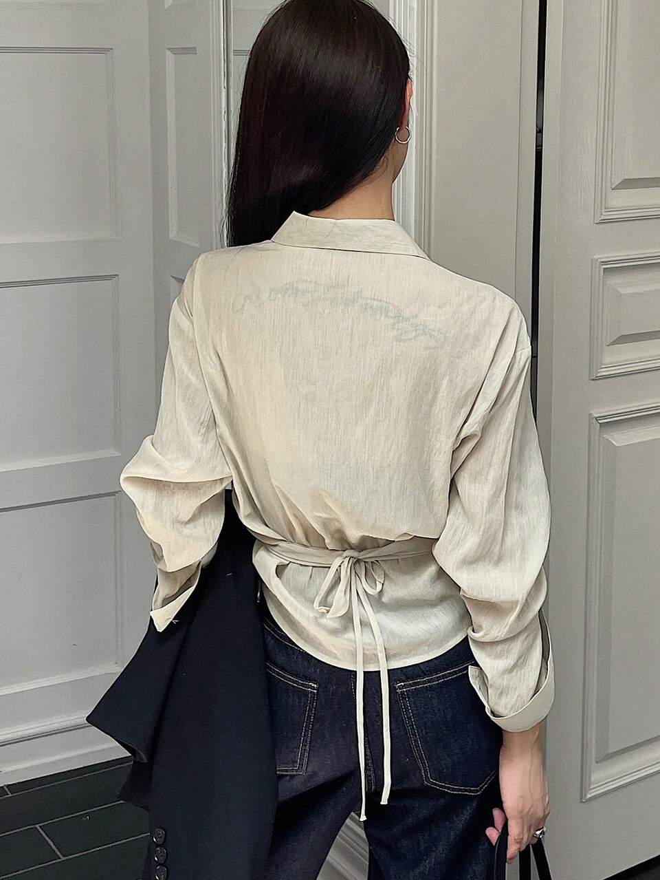 Loose Solid Color Long Sleeve Lapel Tie Front Women Blouse,Fall Clothes