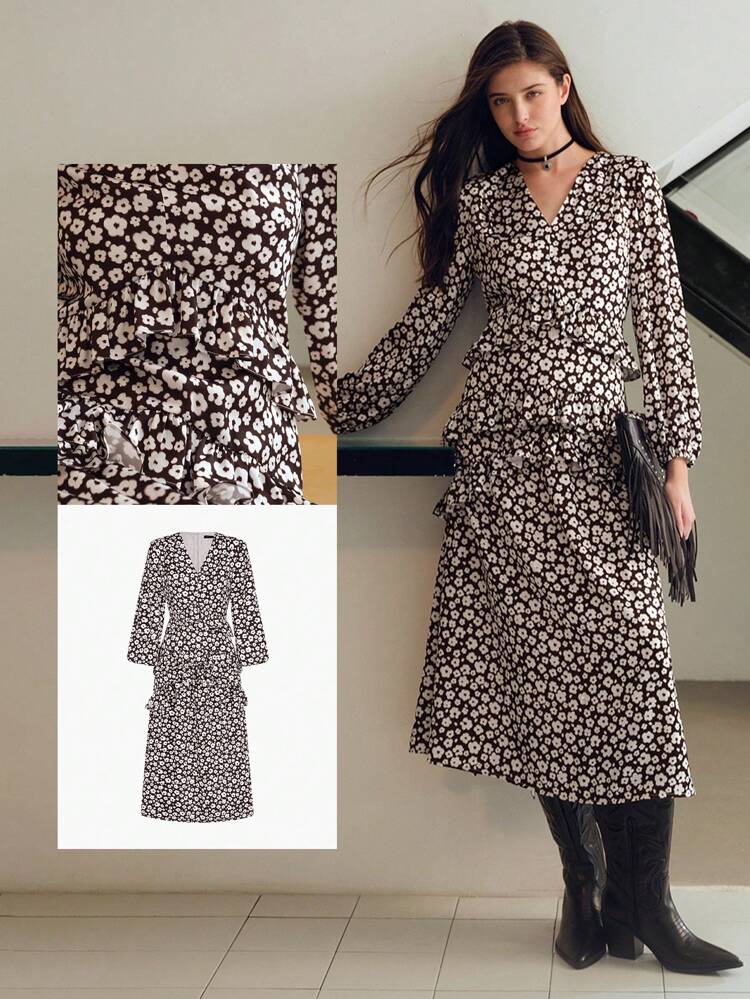 MOTF STUDIO DITSY FLORAL V-NECK LANTERN SLEEVE LAYERED RUFFLE TRIM MIDI DRESS