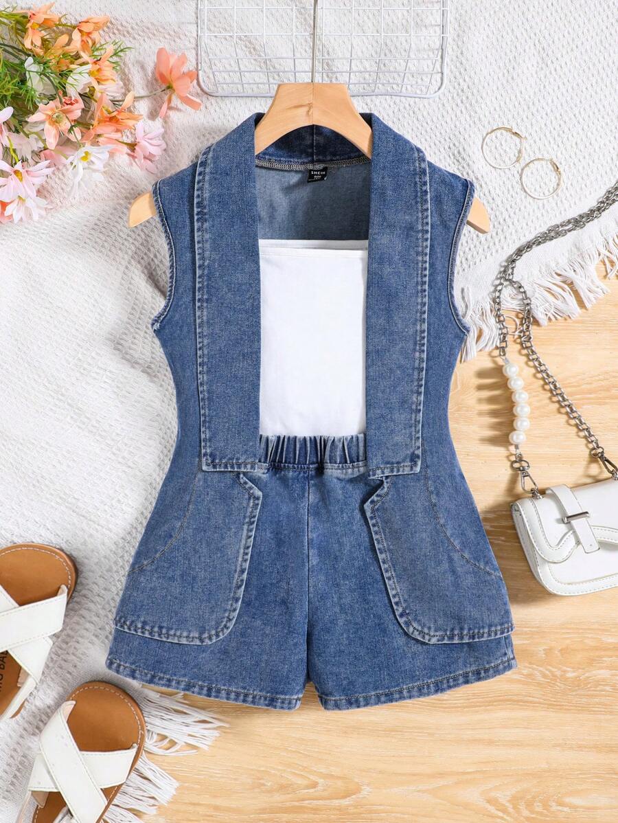 SHEIN 年轻女孩时尚石洗牛仔吊带上衣、宽松牛仔短裤和瀑布领背心外套，年轻女孩返校装 3 件套 - 彩色 - 查看 1
