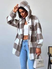 SHEIN Privé 女式泰迪羊毛纽扣连帽宽松常规外套，秋季秋冬服装 - 卡其色 - 查看 3