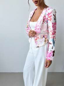 SHEIN Privé Solid Printed Open Front Work Women Cropfall Clothes Blazer - Multicolor - View 3