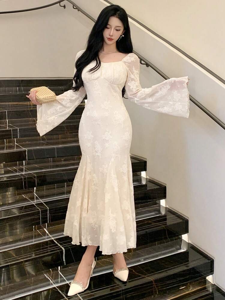Elegant Waist Cinching Solid Color Crew Neck Long Sleeve Dress For Women,Ruffle,Fall Dress Prom Dress Maxi Dress