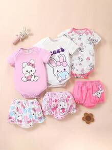 1set Baby Girl Adorable Pattern Print Bodysuit With Diaper Cover, Summer Outfit - Multicolor - View 1
