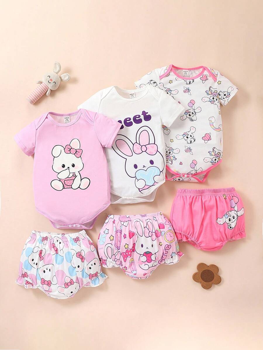 1set Baby Girl Adorable Pattern Print Bodysuit With Diaper Cover, Summer Outfit - Multicolor - View 1