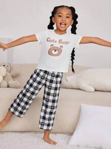 SHEIN Young Girl Cartoon & Letter Graphic Tee & Plaid Pants PJ Set - Multicolor - View 5