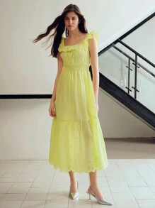 MOTF STUDIO SOLID SQUARE NECK RUFFLE TRIM RUCHED BODICE SCHIFFY HEM DRESS WITHOUT BELT - Yellow - View 7