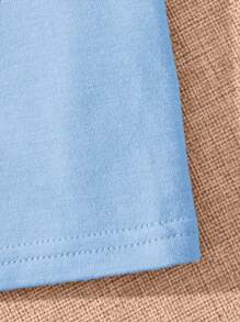 SHEIN 3 件套年轻女孩纯色针织字母印花圆领修身休闲 T 恤 - 藍色 - 查看 4