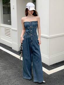 DAZY 女士无袖牛仔连身裤 - 深色水洗藍 - 查看 6