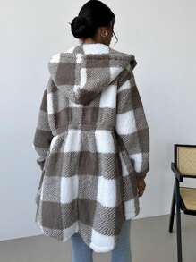 SHEIN Privé 女式泰迪羊毛纽扣连帽宽松常规外套，秋季秋冬服装 - 卡其色 - 查看 2