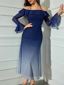 Modelyn 女士渐变色细肩带荷叶边优雅长袖连衣裙长款晚礼服 - 藍色 - 查看 3