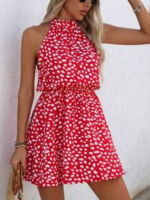 Breezaya Đầm trễ vai in họa tiết thường ngày dành cho nữ (Mẫu ngẫu nhiên) - Đỏ - Xem 1