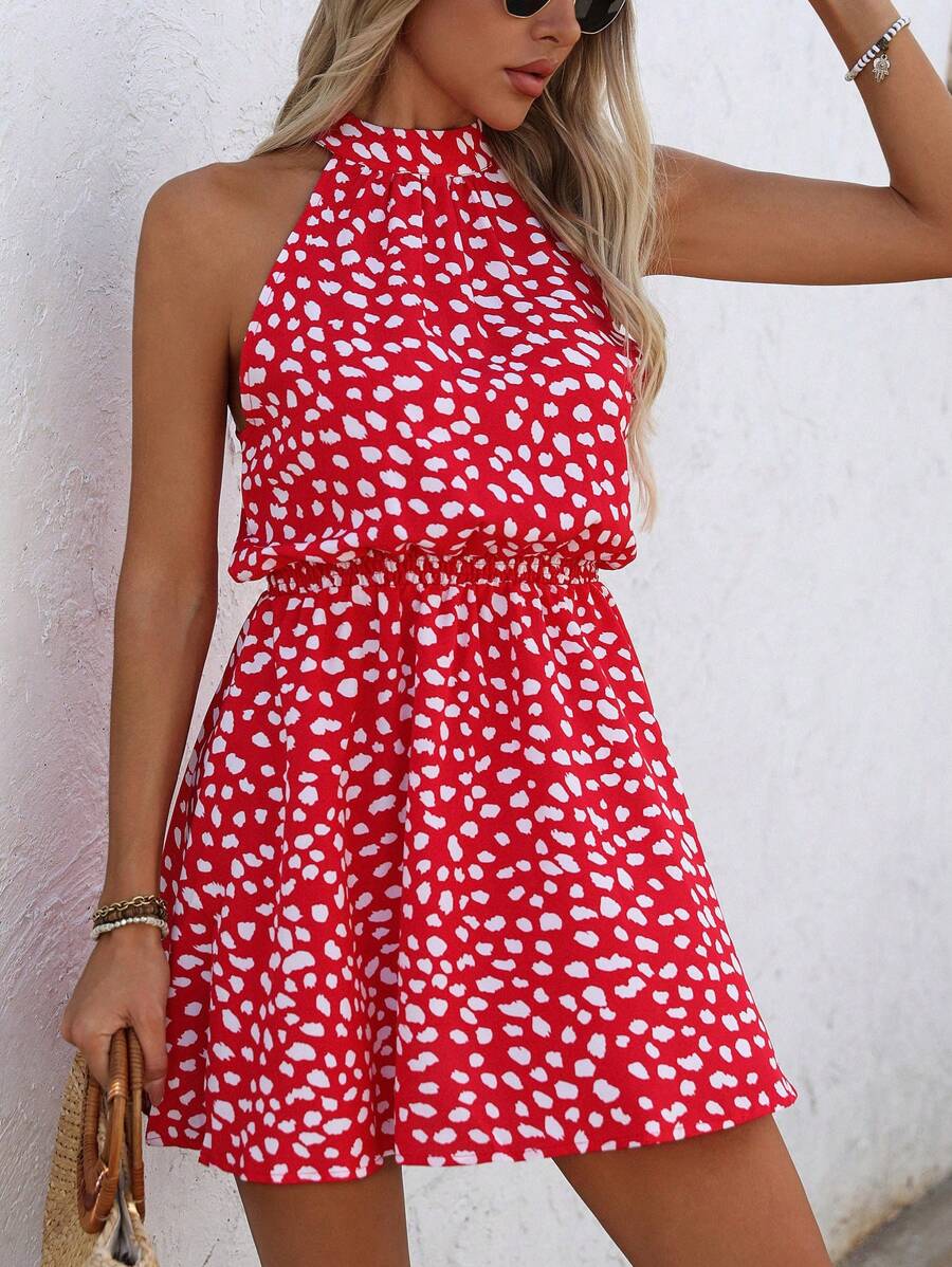 Breezaya Đầm trễ vai in họa tiết thường ngày dành cho nữ (Mẫu ngẫu nhiên) - Đỏ - Xem 1