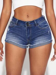 SHEIN SXY Roll Hem Ripped Detail Denim Shorts