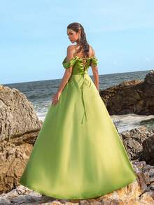 Faeriesty Off Shoulder Back Lace Up Formal Party Dress - Olive Green - View 2