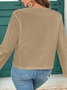 SHEIN VCAY 大码纯色前系带长袖休闲衬衫 - 卡其色 - 查看 2