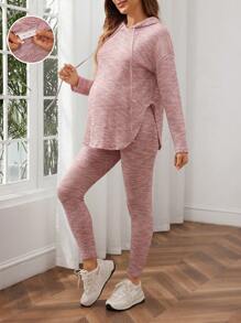 SHEIN Conjunto de 2 piezas de ropa de maternidad casual: sudadera con capucha de manga larga con cordón y pantalones ceñidos de talle ajustable, conjunto de embarazo holgado