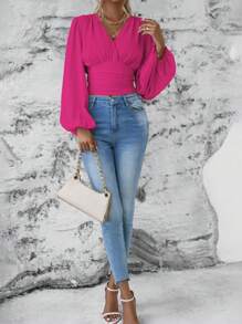 EMERY ROSE Women's Spring And Summer Solid Color Overlapping V-Neck Lantern Sleeve Elegant Shirt Fall Cloth For Women - Hot Pink - View 5