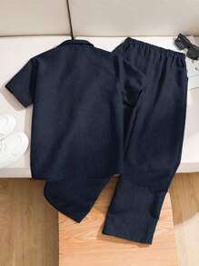 SHEIN 两件套青少年男童休闲宽松纯色 Polo 领短袖衬衫和裤子套装 - 藏蓝色 - 查看 2