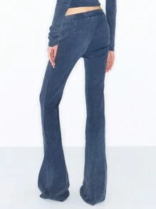 MUSERA Y2K High Waisted Zip Detail Ribbed Flared Trousers Thanksgiving - Blue - View 2