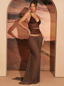 Hauture Lace Asymmetrical Cut Out Cami Going Out Fall Sexy Top - Coffee Brown - View 6