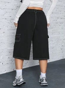 Jeanoix Plus Size Spring & Summer Casual Colorblock Topstitch Cargo Denim Jeans Baggy - Black - View 2