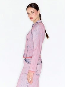 MUSERA Áo khoác cổ khóa cài kiểu Y2K, chất liệu denim bạc màu, khóa kéo nửa thân, phong cách dễ thương, gợi cảm mùa xuân 90. - Hồng - Xem 4