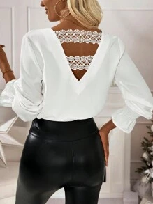 SHEIN Clasi Camisa de manga larga con diseño empalmado de flores brillante, escote en V sexy