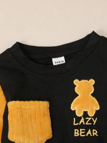 2 piezas Conjunto de sudadera con capucha y pantalón de felpa con bloques de color, bolsillos bordados con oso, para niños pequeños, ropa casual de invierno cálida, adecuada para salidas y fotografía
