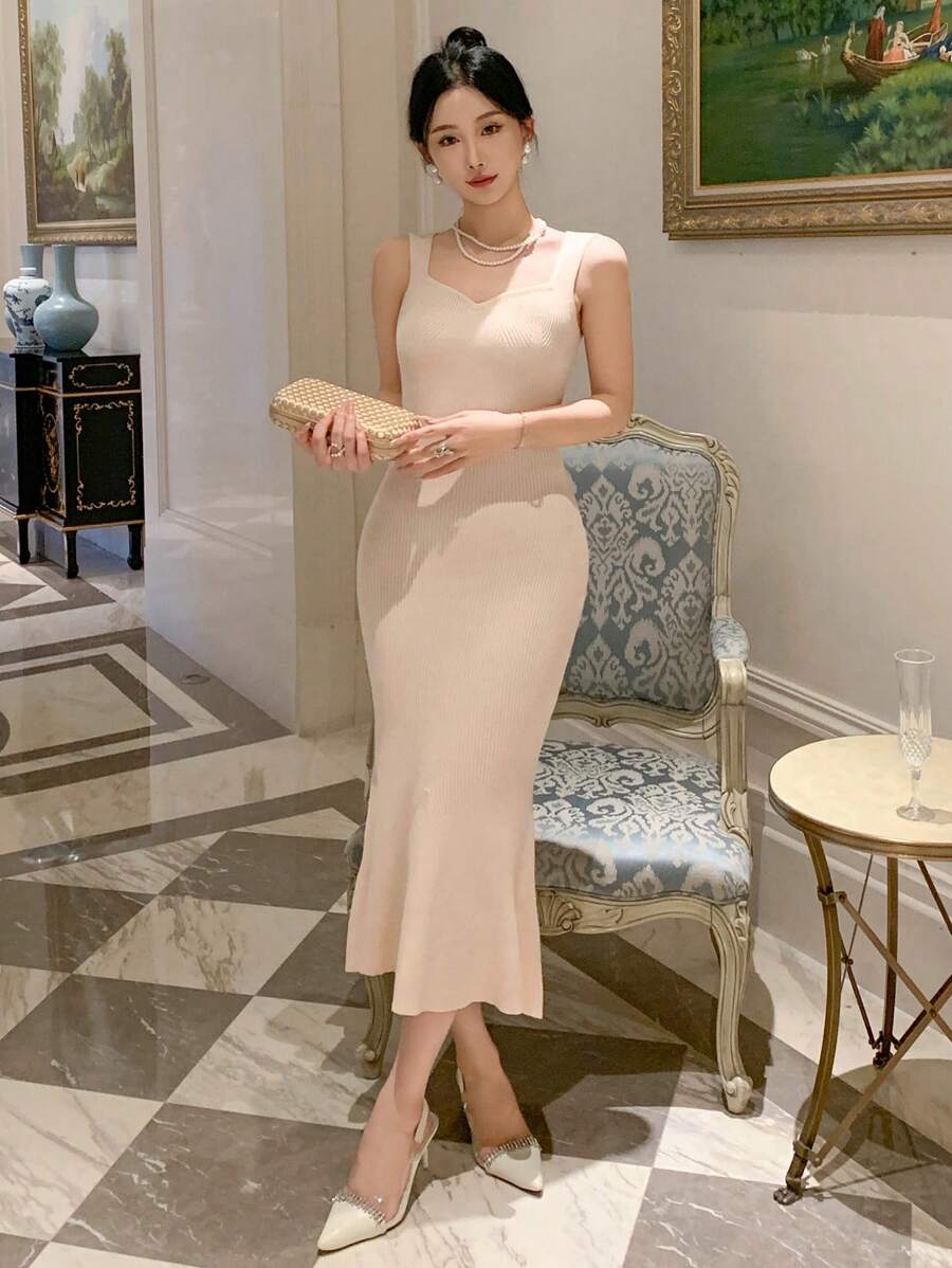 DAZY 无袖纯色美人鱼裙，夏季，荷叶边女士毛衣裙舞会礼服 - 杏色 - 查看 1