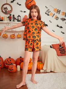 SHEIN Burnt Orange Halloween Pumpkin Print Short Sleeve Shorts Pajama Set,Cute Summer Family Matching Mommy And Me Outfits - Orange - View 6
