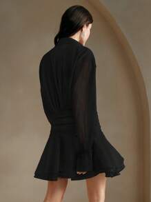 Anewsta Women V-Neck Long Sleeve Loose Fit Ruffles Casual Shirt Dress With Waist Cinching, Mini Dress Organza Women Outfit - Black - View 2