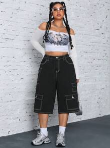 Jeanoix Plus Size Spring & Summer Casual Colorblock Topstitch Cargo Denim Jeans Baggy - Black - View 4