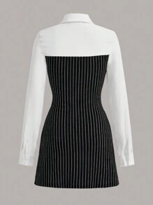SHEIN ICON Spaghetti Strap Patchwork Ruffle Sleeve Tie-Front Dress - Black and White - View 7