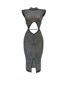 Women's Diamond Rhinestone Sheer Mesh Hollow-Out Slit Hem Dress - Black - View 1