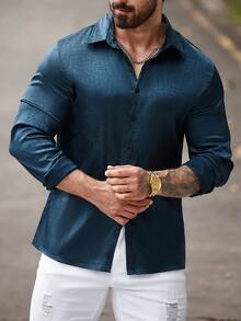 Manfinity Homme Men's Solid Color Single-Breasted Casual Everyday Shirt,Long Sleeve Shirts,Fall Men Clothes,Green Shirt - Dark Green - View 4