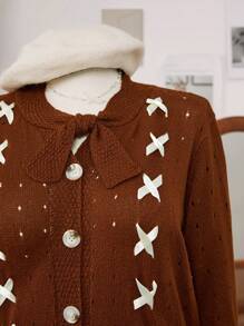Sunnyshic Plus Size Stylish Christmas Sweater With Bow Tie Neck And Ribbon Decor - Brown - View 6