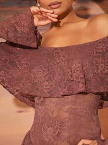 SHEIN Unity Mono de encaje marrón elegante sin hombros con mangas largas y sobrecapa de volantes - Marrón - Ver 2