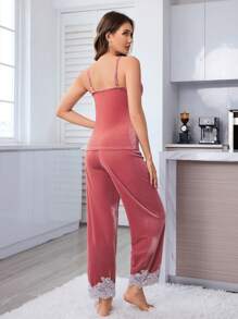 SHEIN Women's Romantic Ruffle Bow Embroidered Velvet Fabric Long Sleeve Cardigan And Pants Casual 2pcs Homewear Matching Set