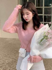 DAZY Women Round Neck Lightweight Sweater Fall - Pink - View 2