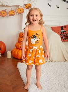 SHEIN Young Girl Summer Halloween Theme Cartoon Print Camisole Top And Ruffle Hem Shorts 2Pcs Knitted Sleepwear Set,Orange Family Matching Mommy And Me - Orange - View 3