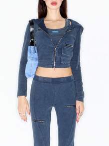 MUSERA Y2K High Waisted Zip Detail Ribbed Flared Trousers Thanksgiving - Blue - View 5