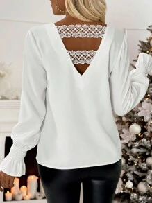 SHEIN Clasi Camisa de manga larga con diseño empalmado de flores brillante, escote en V sexy