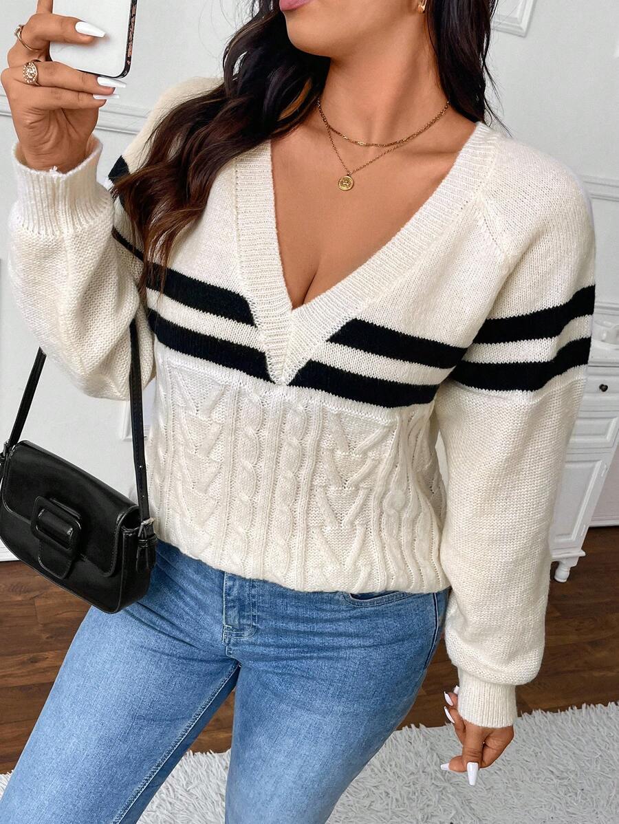 SHEIN Frenchy 大码条纹开学季休闲纹理钩针女式套头毛衣 - 彩色 - 查看 1