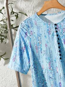 SHEIN LUNE Women's Front Button Up All-Over Print Round Neck Short Sleeve Casual Top - Blue - View 5