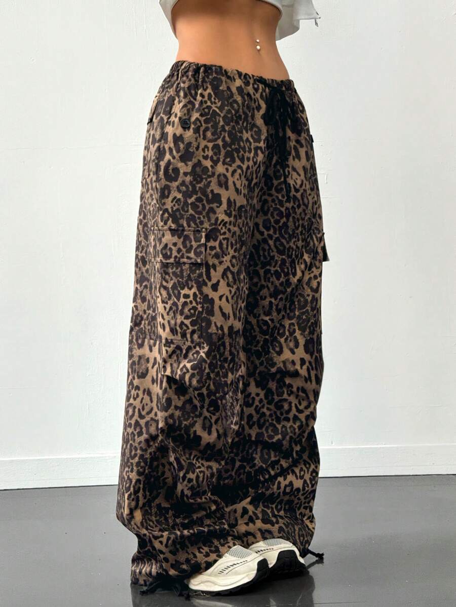 SHEIN EZwear 女士豹纹抽绳腰部降落伞工装裤