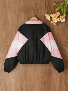 女童撞色机车夹克，带领子和拉链，秋季 - 彩色 - 查看 2