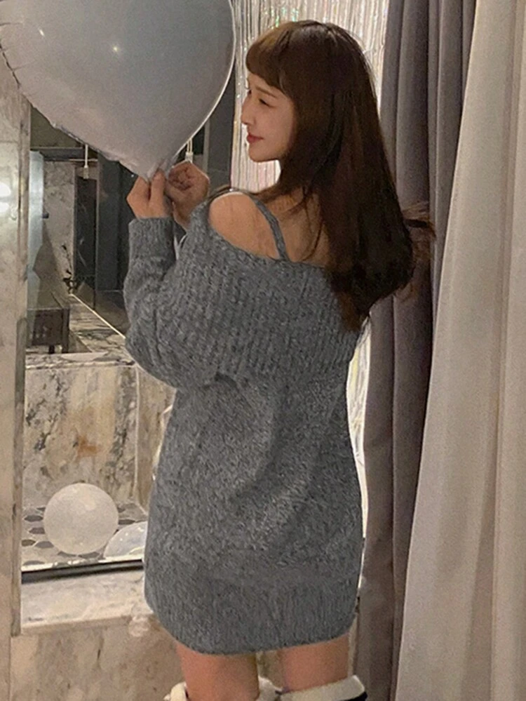 Women Off-Shoulder Knitted Slip Dress,Fall Clothes Women Sweater Dresses