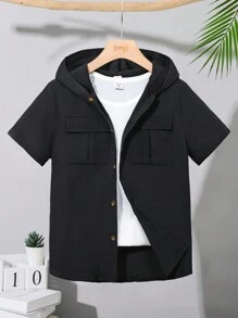 SHEIN Áo sơ mi ngắn tay có mũ trùm đầu thoải mái thường ngày dành cho bé trai Tween - màu đen - Xem 1