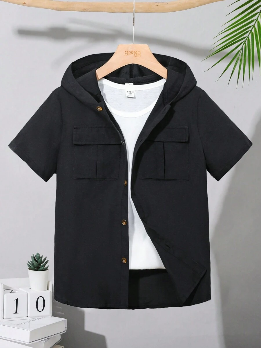 SHEIN Áo sơ mi ngắn tay có mũ trùm đầu thoải mái thường ngày dành cho bé trai Tween - màu đen - Xem 1