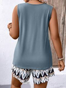 Plus Size Vakantie Casual Effen Kleur Tanktop En Geometrisch Patroon Shorts 2 Stuks Set